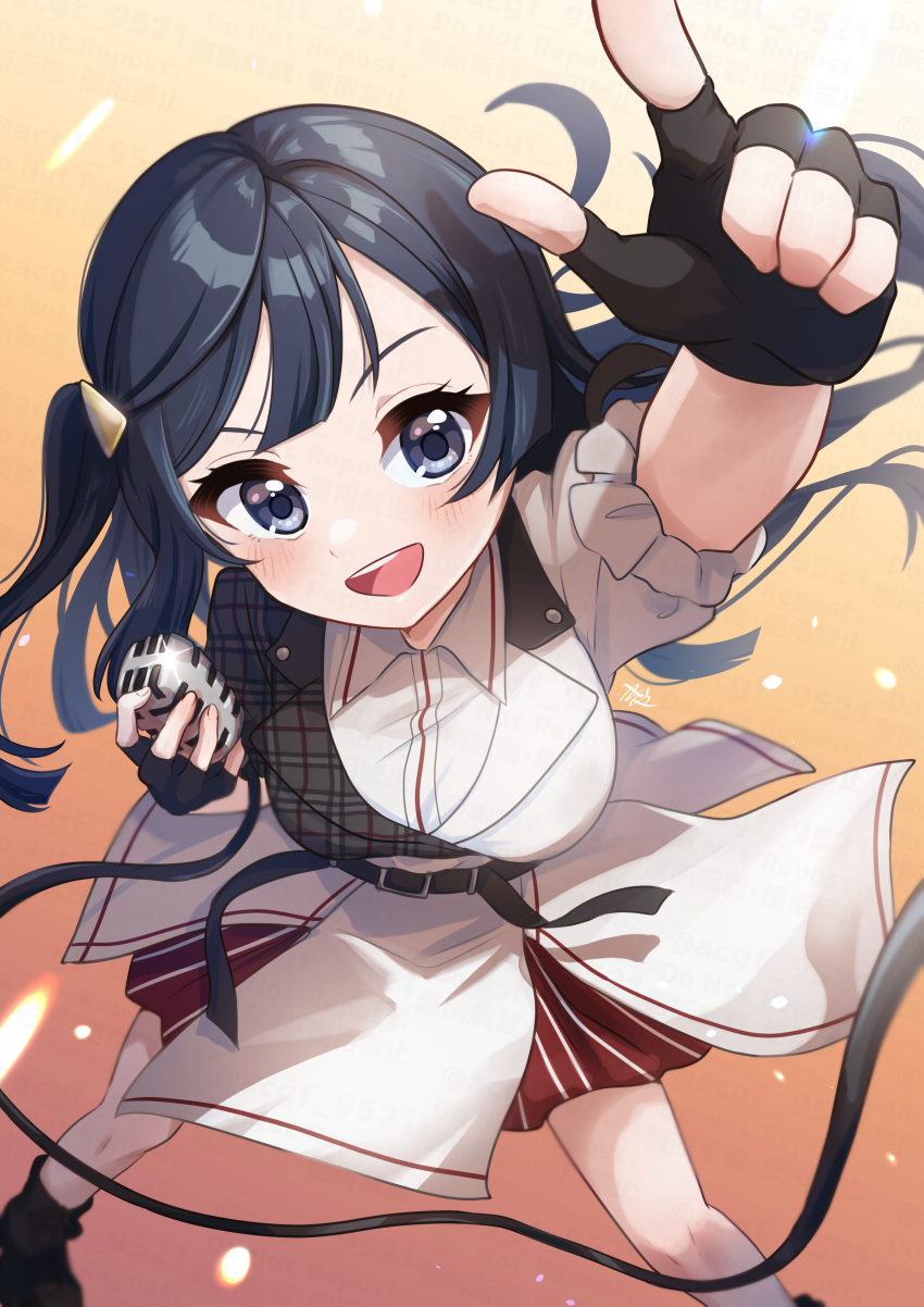 1girl absurdres black_gloves black_hair blush breasts cable commentary fingerless_gloves from_above gloves grey_eyes highres holding holding_microphone kyaku_tatsu long_hair looking_at_viewer looking_up love_live! love_live!_nijigasaki_high_school_idol_club medium_breasts microphone one_side_up pointing pointing_up signature smile solo yuuki_setsuna_(love_live!)