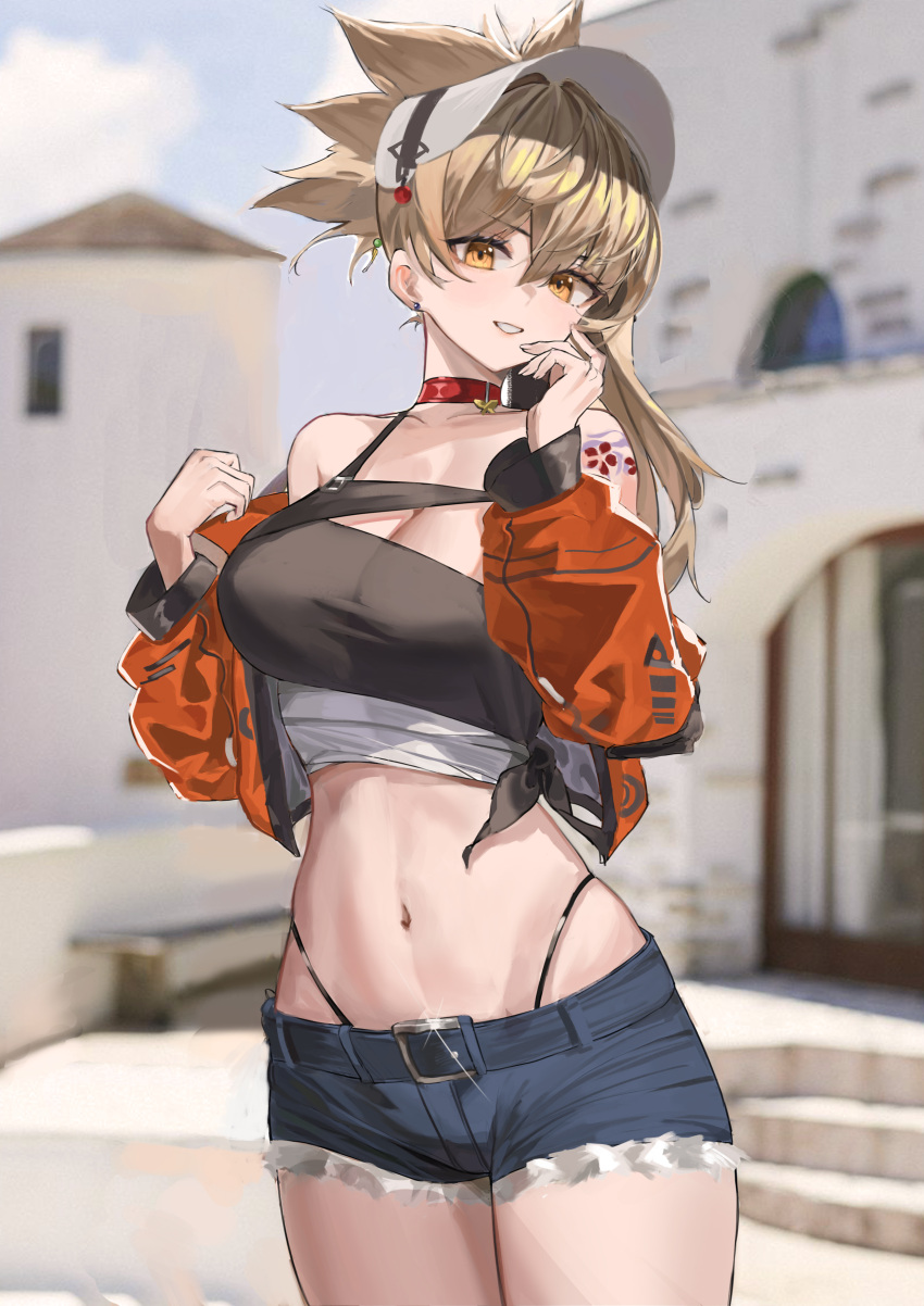 1girl absurdres bare_shoulders blonde_hair blue_sky blurry blurry_background breasts building camisole choker cleavage cloud commentary_request cowboy_shot crop_top cropped_jacket cutoffs day denim denim_shorts genshin_impact grin hair_between_eyes highleg highleg_panties highres jacket large_breasts long_hair long_sleeves looking_at_viewer midriff navel nineye off_shoulder open_clothes open_jacket orange_jacket outdoors panties ponytail red_choker short_shorts shorts shoulder_tattoo sky smile solo standing stomach tattoo thighs underwear white_headwear yellow_eyes yoimiya_(genshin_impact)
