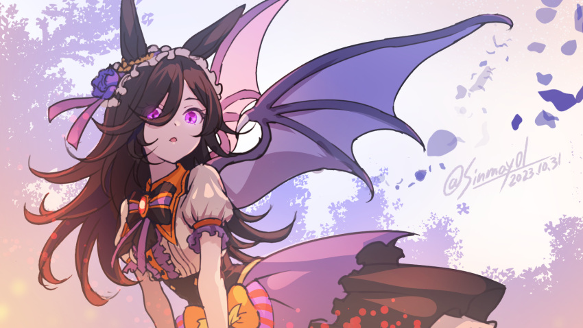 1girl animal_ears bat_wings black_bow black_bowtie black_skirt bow bowtie brown_hair center_frills dated frills highres horse_ears horse_girl long_hair official_alternate_costume open_mouth puffy_short_sleeves puffy_sleeves purple_eyes purple_wings rice_shower_(make_up_vampire!)_(umamusume) rice_shower_(umamusume) shinmai_(kyata) shirt short_sleeves skirt solo twitter_username umamusume upper_body white_shirt wings