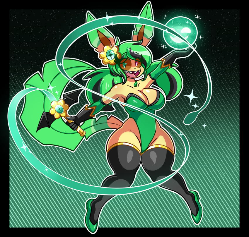 2023 anthro big_breasts black_clothing black_hair black_legwear black_stockings breasts clothing eeveelution energy energy_ball eyelashes female footwear fur generation_4_pokemon green_eyes green_hair hair heterochromia hi_res leafeon legwear looking_at_viewer magical_girl_outfit magical_girl_wand mintyspirit multicolored_hair nintendo open_mouth orb pigtails pink_eyes pokemon pokemon_(species) shark_teeth shark_tooth shoes smile solo stockings sunnyleafeon_(mintyspirit) whip yellow_body yellow_fur