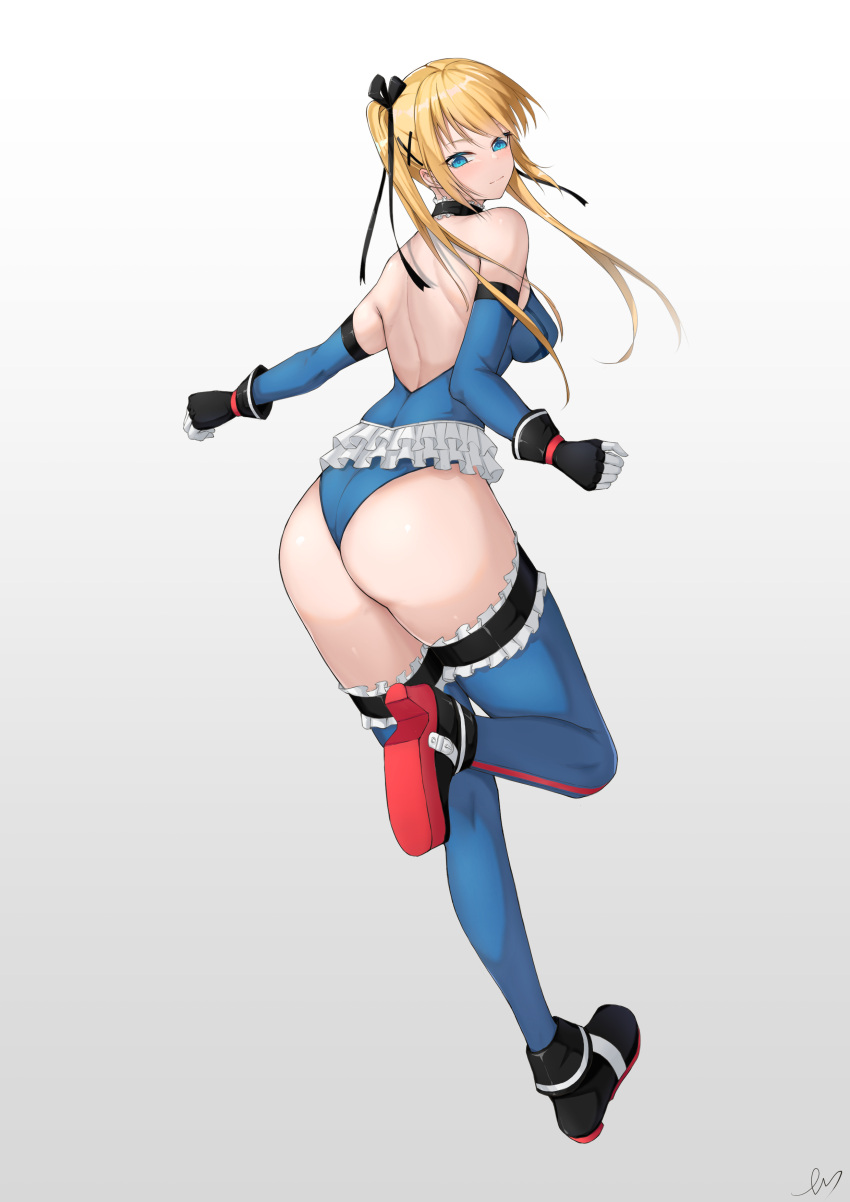 1girl absurdres bare_shoulders black_gloves black_ribbon blonde_hair blue_eyes blue_one-piece_swimsuit blue_sleeves blue_thighhighs boots breasts choker dead_or_alive dead_or_alive_5 dead_or_alive_6 dead_or_alive_xtreme error1945 frilled_choker frilled_one-piece_swimsuit frilled_thighhighs frills from_behind gloves gradient_background grey_background hair_ornament hair_ribbon high_heel_boots high_heels highleg highleg_swimsuit highres marie_rose one-piece_swimsuit ribbon small_breasts swimsuit thighhighs twintails x_hair_ornament