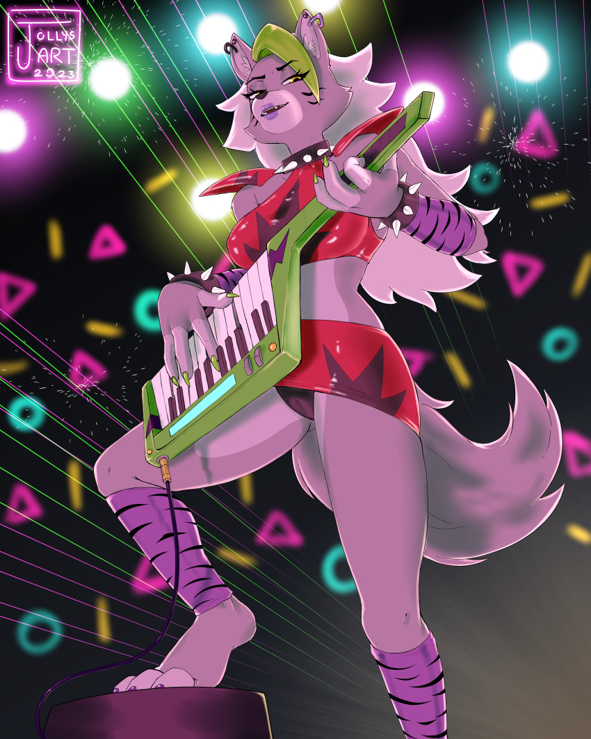 2023 3_toes 4_fingers absurd_res anthro armor artist_name big_breasts bottomwear bracelet breasts canid canine canis clothing collar colored_nails ear_piercing ear_ring eyebrows eyelashes fangs feet female fingers five_nights_at_freddy's five_nights_at_freddy's:_security_breach green_highlights grey_hair hair hi_res highlights_(coloring) inner_ear_fluff jewelry jollysart keyboard_instrument lipstick long_hair looking_at_viewer low-angle_view makeup mammal midriff miniskirt musical_instrument nails panties pauldron piercing playing_music ring_piercing roxanne_wolf_(fnaf) scottgames sharp_teeth shirt skirt smile solo spiked_bracelet spiked_collar spikes steel_wool_studios tank_top teeth toes topwear tuft underwear upskirt wolf yellow_eyes