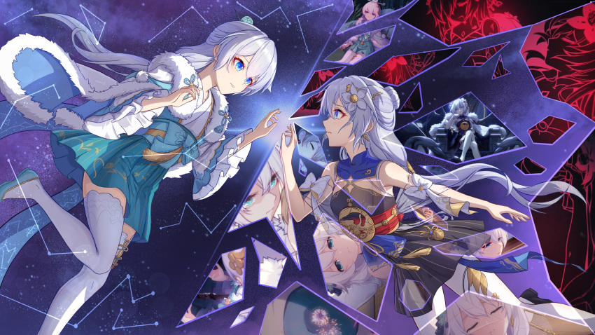 1girl absurdres bare_shoulders blue_dress blue_eyes blue_footwear china_dress chinese_clothes chinese_commentary closed_eyes closed_mouth commentary_request constellation constellation_print dress earrings flower hair_between_eyes hair_bun hair_ornament highres hinata_mr_assassin holding holding_hands honkai_(series) honkai_impact_3rd jewelry long_hair long_sleeves makeup multiple_girls night night_sky official_alternate_costume skirt sky sleeveless smile star_(sky) starry_sky theresa_apocalypse theresa_apocalypse_(starlit_astrologos) thighhighs variations white_hair zhuge_kongming_(honkai_impact)