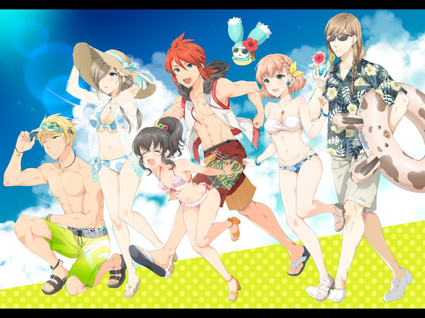 3boys 3girls anise_tatlin armpit_crease bangle bare_legs bare_shoulders bikini black_hair blonde_hair blue_eyes blue_ribbon blue_sky bracelet braid breasts brown_hair cleavage closed_eyes cloud cloudy_sky collarbone collared_shirt creature cup drinking_glass drinking_straw drinking_straw_in_mouth earrings floating floral_print flower french_braid front-tie_bikini_top front-tie_top full_body green_eyes guy_cecil hair_flower hair_ornament hair_over_one_eye hair_over_shoulder hand_on_headwear hands_on_headwear hat hat_ribbon high_ponytail holding holding_cup holding_innertube innertube jade_curtiss jewelry large_breasts light_blush long_hair luke_fon_fabre medium_breasts mieu_(tales) multiple_boys multiple_girls muscular muscular_male natalia_luzu_kimlasca_lanvaldear navel necklace one_eye_covered open_mouth outdoors parted_lips print_bikini print_shirt red_hair ribbon running sandals shirt short_hair short_sleeves shorts shuragyoku_mami side-tie_bikini_bottom sidelocks single_braid sky small_breasts smile stomach straw_hat summer sunglasses swept_bangs swimsuit tales_of_(series) tales_of_the_abyss tear_grants toned toned_male topless_male walking white_footwear