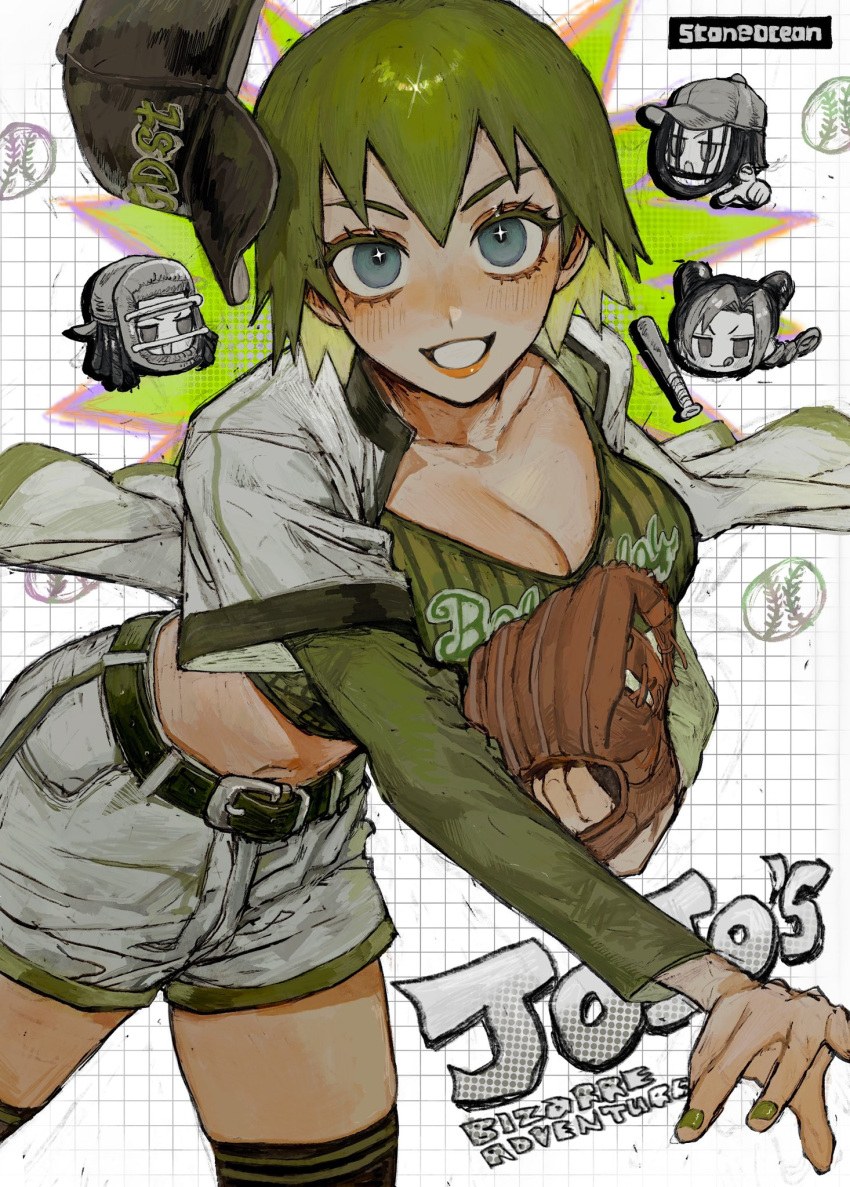 4girls baseball baseball_bat baseball_cap baseball_mitt blue_eyes breasts ermes_costello foo_fighters green_hair green_nails grid_background grin hat highres jojo_no_kimyou_na_bouken kujo_jolyne large_breasts lips looking_at_viewer medium_hair mirashon multiple_girls neg_50asu smile solo_focus stone_ocean throwing tongue tongue_out