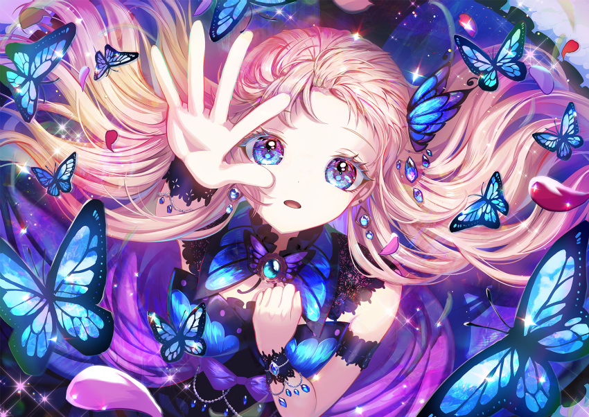 1girl arm_strap arm_up blue_eyes blue_gemstone bug butterfly d: dress earrings floating_hair gem highres jewelry light_brown_hair long_hair looking_at_viewer looking_up open_mouth original petals raymond_busujima reaching reaching_towards_viewer solo very_long_hair