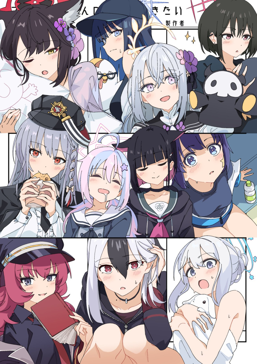 6+girls ahoge animal_ears animal_hug arona's_sensei_doodle_(blue_archive) ascot azusa_(blue_archive) baseball_cap bench black_eyes black_headwear black_hoodie black_neckerchief black_necktie blue_archive blue_hair blue_jacket blush book bottle center_opening closed_mouth collared_shirt dakimakura_(object) dot_nose drooling ear_piercing earrings eating extra_ears fang flower food hair_flower hair_ornament hair_tucking hairclip halo hand_puppet haruna_(blue_archive) hat highres holding holding_book hood hoodie iroha_(blue_archive) jacket jacket_on_shoulders jewelry kayoko_(blue_archive) kazusa_(blue_archive) leaning_on_person long_hair long_sleeves looking_at_viewer misaki_(blue_archive) miyako_(blue_archive) mole momomatang mouth_drool multicolored_hair multiple_girls multiple_views naked_towel neckerchief necktie one_eye_closed open_mouth peroro_(blue_archive) piercing pillow pink_ascot pink_eyes puppet purple_hair rabbit red_eyes red_hair red_necktie reisa_(blue_archive) sailor_collar saori_(blue_archive) sensei_(blue_archive) shirt short_hair sitting sleeping smile sparkle squatting star_(symbol) star_hair_ornament stud_earrings sweat taiyaki towel two-tone_hair wagashi wakamo_(blue_archive) wakamo_(swimsuit)_(blue_archive) water_bottle wet white_hair white_shirt wolf_ears yellow_eyes yuuka_(blue_archive) yuuka_(track)_(blue_archive)