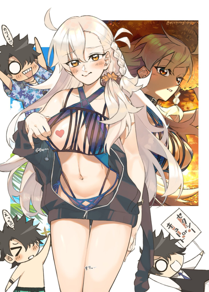 1boy 1girl asymmetrical_bangs bare_shoulders bikini bikini_pull black_bikini black_hair black_jacket black_vest blue_bikini blue_shirt blush braid breasts chibi cleavage closed_mouth clothes_pull collarbone criss-cross_halter dress_shirt fate/grand_order fate_(series) fujimaru_ritsuka_(male) fujimaru_ritsuka_(male)_(anniversary_blonde) fujimaru_ritsuka_(male)_(brilliant_summer) fujimaru_ritsuka_(male)_(tropical_summer) green_shorts halterneck hawaiian_shirt heart_stickers highres jacket layered_bikini long_hair long_sleeves looking_at_viewer male_swimwear medium_breasts mitsurugi_sugar multiple_views navel necktie off_shoulder olga_marie_animusphere orange_eyes shirt short_hair short_sleeves shorts side_braid sign swim_trunks swimsuit thighs translation_request vest white_hair white_shirt