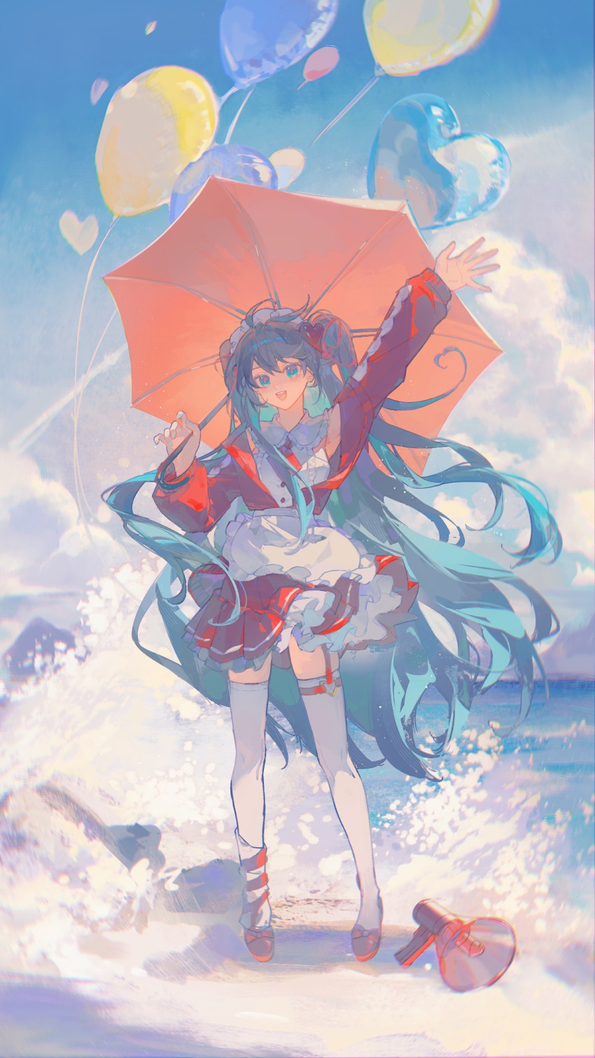 1girl alternate_costume apron aqua_eyes aqua_hair arm_up balloon beach belt blue_sky bow buckle buttonniukoukou buttons center_frills cloud collared_shirt commentary day footwear_bow frilled_apron frilled_shirt_collar frilled_skirt frills full_body hair_bun hair_ornament hatsune_miku heart heart-shaped_buckle heart_balloon heart_hair_ornament high_heels highres holding holding_umbrella jacket long_hair long_sleeves looking_at_viewer maid_headdress megaphone miniskirt mountainous_horizon ocean open_clothes open_jacket open_mouth outdoors outstretched_arm pleated_skirt pumps red_belt red_bow red_footwear red_jacket red_skirt red_umbrella sea_spray shadow shirt single_leg_warmer single_side_bun skirt skirt_set sky sleeveless sleeveless_shirt smile solo striped_leg_warmers teeth thigh_belt thigh_strap thighhighs too_many_balloons two_side_up umbrella upper_teeth_only very_long_hair vocaloid waist_apron waves white_apron white_headwear white_leg_warmers white_shirt white_thighhighs zettai_ryouiki