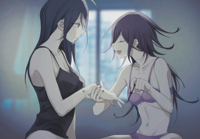 2girls black_hair blurry blurry_background bra breasts closed_eyes collarbone danganronpa_(series) danganronpa_v3:_killing_harmony genderswap genderswap_(mtf) hair_between_eyes highres holding_hands long_hair looking_at_another m0918664055 multiple_girls nail_polish navel open_mouth ouma_kokichi painting_nails panties purple_eyes purple_hair saihara_shuuichi sitting underwear wavy_hair window