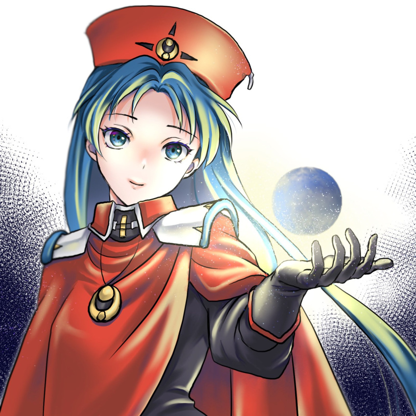 1girl black_gloves blue_eyes blue_hair cape closed_mouth gloves hat highres jewelry long_hair looking_at_viewer lucia_(lunar) lunar lunar_2:_eternal_blue necklace pendant red_cape smile solo umehime