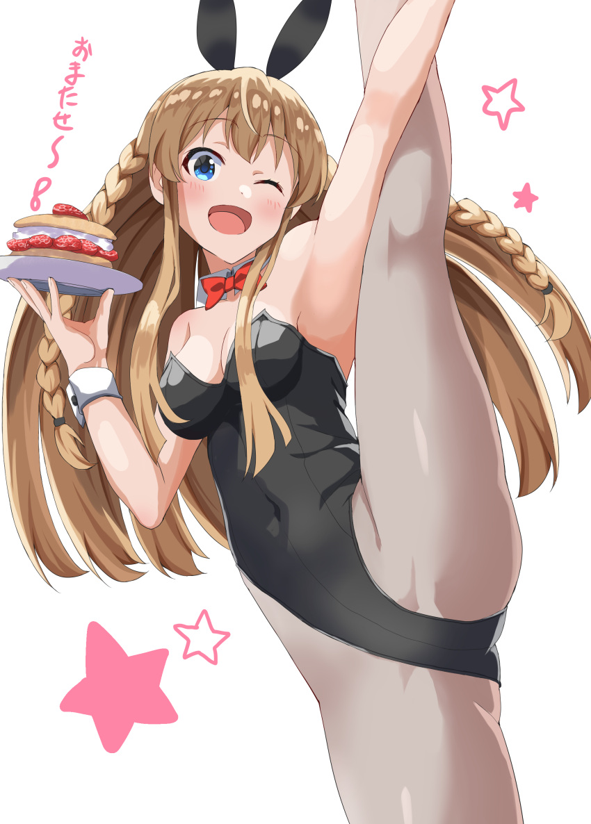 1girl absurdres animal_ears black_leotard blue_eyes bow bowtie braid breasts brown_hair cake detached_collar food grey_pantyhose haruki_(haruki678) highres idolmaster idolmaster_million_live! kousaka_umi leotard long_hair looking_at_viewer medium_breasts pantyhose playboy_bunny rabbit_ears red_bow red_bowtie side_braid simple_background solo split standing standing_on_one_leg standing_split strapless strapless_leotard twin_braids white_background wrist_cuffs