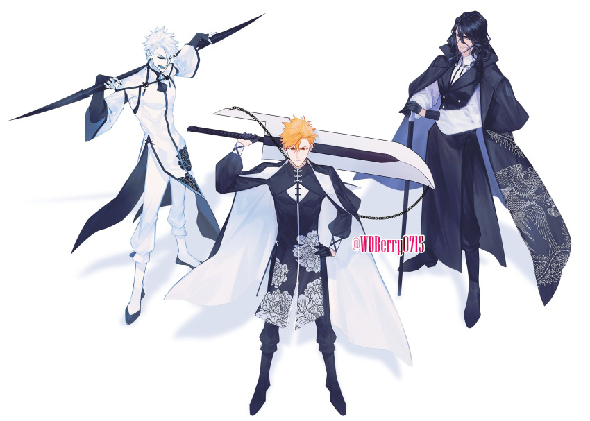 3boys artist_name beard black_hair black_nails black_sclera bleach bleach:_the_thousand-year_blood_war blue_tongue boots cane cape chain chinese_clothes colored_sclera colored_tongue facial_hair grin highres holding holding_cane holding_sword holding_weapon hollow_ichigo kurosaki_ichigo long_hair multiple_boys orange_eyes orange_hair smile sword wdberry0715 weapon white_background white_hair zangetsu