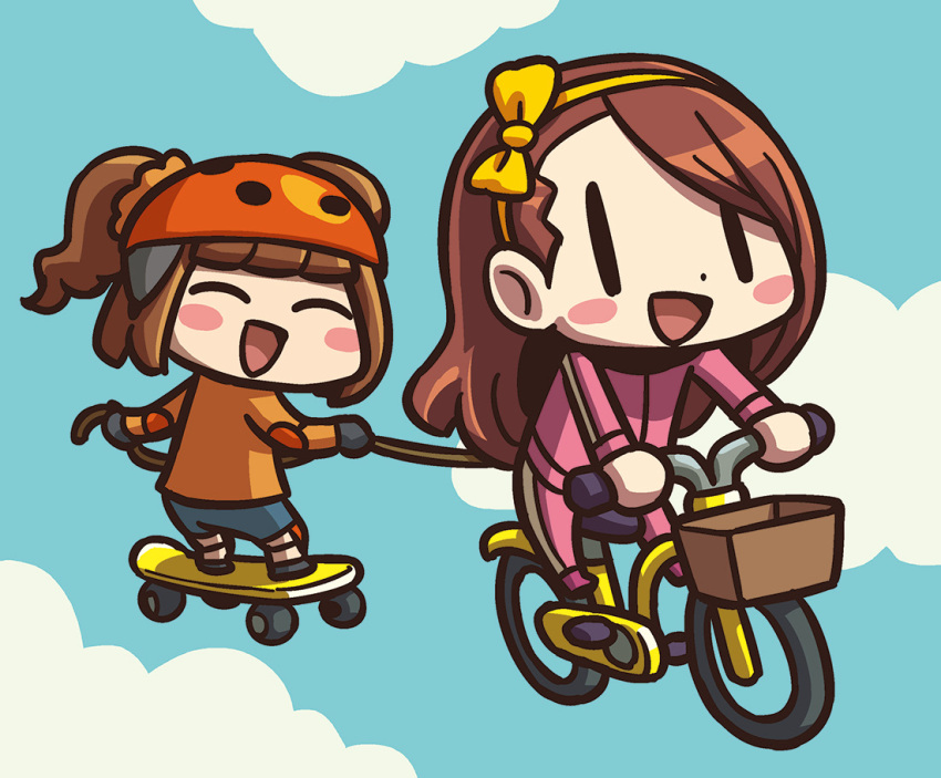 2girls bicycle bicycle_basket bicycle_helmet blue_shorts blush bow brown_hair chibi cloud elbow_pads ground_vehicle hair_bow helmet holding idolmaster idolmaster_(classic) knee_pads long_hair long_sleeves minase_iori multiple_girls open_mouth orange_hair orange_shirt pink_track_suit riyo_(lyomsnpmp) shirt shorts skateboard smile swept_bangs takatsuki_yayoi track_suit twintails |_|