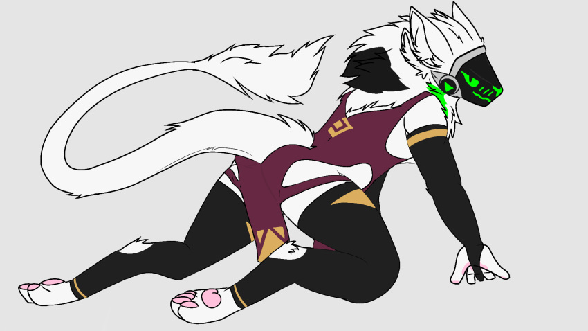 4_ears anonymous_artist anthro ares_(nsa) bedroom_eyes big_tail black_markings clothing gold_clothing green_markings hi_res hybrid legwear machine male markings multi_ear narrowed_eyes pawpads pink_pawpads protogen purple_clothing screen screen_face seductive sergal tail thigh_highs white_body