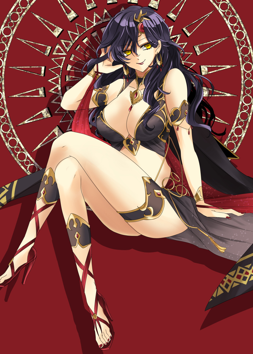 1girl absurdres arizigoku0627 bare_shoulders black_dress black_hair bracelet breasts cape cleavage collarbone commission cosplay dancer dress earrings fingernails fire_emblem fire_emblem:_the_blazing_blade fire_emblem_heroes full_body gladiator_sandals gold_trim hair_lift hair_ornament high_heels highres jewelry large_breasts lipstick long_hair looking_at_viewer makeup mature_female medallion pixiv_commission plunging_neckline red_nails sandals sleeveless smile solo sonia_(fire_emblem) thighs toeless_footwear ursula_(fire_emblem) ursula_(fire_emblem)_(cosplay) ursula_(khadein)_(fire_emblem) ursula_(khadein)_(fire_emblem)_(cosplay) yellow_eyes