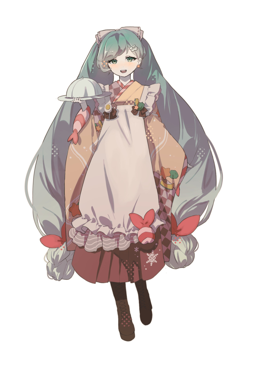 1girl apron bell_pepper black_footwear boots bow braid brown_kimono checkered_sleeves commentary cross-laced_footwear earrings egg_(food) food food_print fork_hair_ornament full_body green_eyes green_pepper hair_bow hair_ornament hairclip hardboiled_egg hatsune_miku highres holding holding_tray hukaya39 japanese_clothes jewelry kappougi kimono lace-up_boots light_smile long_hair looking_at_viewer lotus_root low_twin_braids open_mouth red_bow serving_dome single_earring snowflake_print solo spoon_hair_ornament squash star_(symbol) star_earrings star_print straight-on striped striped_kimono tray twin_braids twintails very_long_hair vocaloid white_apron white_background white_bow wide_sleeves yuki_miku