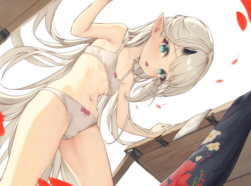1girl aqua_eyes arm_support blush bow bow_bra bow_panties bra breasts chinese_commentary commentary_request demon_horns exif_rotation feet_out_of_frame from_below highres horns indie_virtual_youtuber long_hair looking_at_viewer meng_yufei navel panties parted_lips pointy_ears single_horn small_breasts solo underwear underwear_only variant_set very_long_hair white_bra white_hair white_panties xiao_xiao_tian