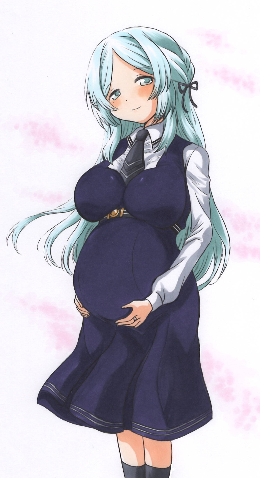 1girl ajikeneko big_belly black_ribbon blue_eyes blue_hair blush braid breasts collared_shirt dress hair_ornament hair_ribbon hand_on_own_stomach highres jewelry large_breasts light_blue_hair long_hair looking_at_viewer magia_record:_mahou_shoujo_madoka_magica_gaiden mahou_shoujo_madoka_magica necktie parted_bangs pregnant ribbon ring shirt sidelocks smile solo toki_sunao traditional_media very_long_hair wedding_ring white_shirt