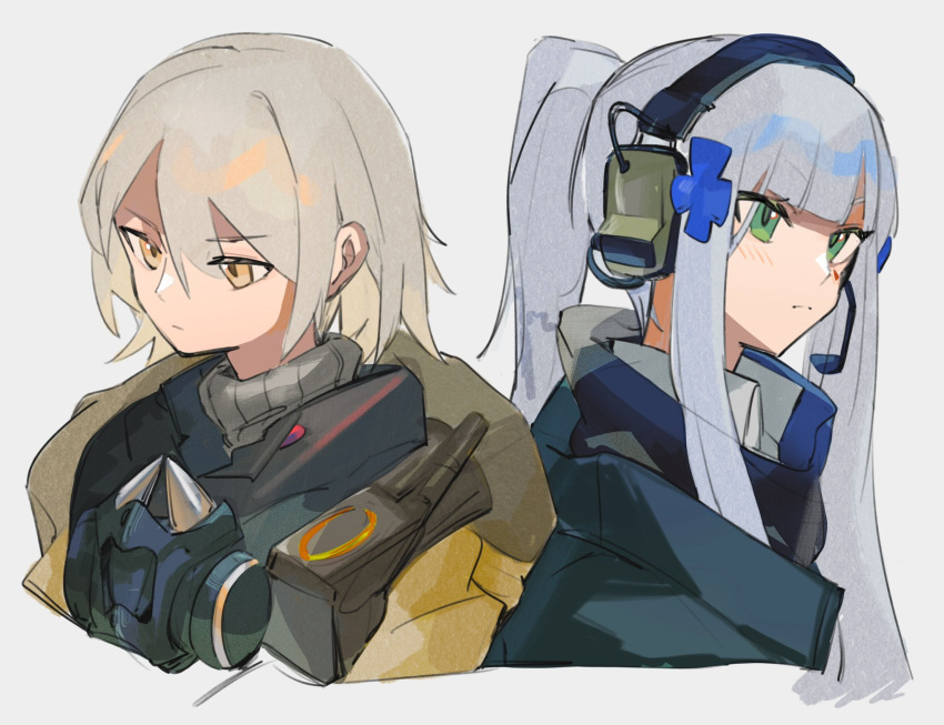 2girls agent_416_(girls'_frontline) agent_vector_(girls'_frontline) back-to-back blush chesed_(uporyz) commentary_request expressionless facial_mark girls'_frontline green_eyes grey_background grey_hair hair_ornament headset highres hk416_(girls'_frontline) jacket light_brown_hair long_hair mask mask_around_neck multiple_girls ponytail sidelocks simple_background tom_clancy's_the_division upper_body vector_(girls'_frontline) yellow_eyes