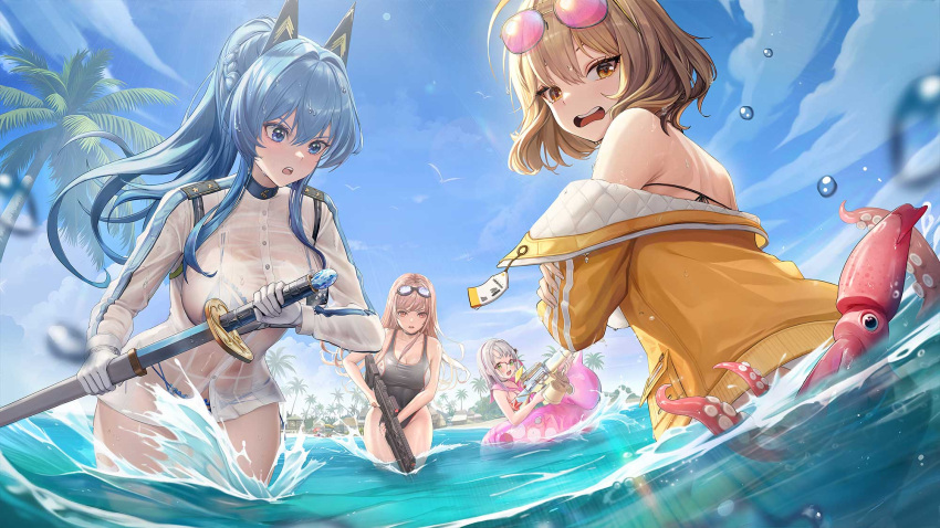 4girls ahoge alternate_costume anis_(nikke) anis_(sparkling_summer)_(nikke) aviator_sunglasses bare_shoulders bikini bikini_skirt bikini_under_clothes black_choker black_one-piece_swimsuit black_towel blue_eyes blue_hair blue_sky blush breasts brown_eyes brown_hair choker cleavage competition_swimsuit drawing_sword eyepatch_bikini eyewear_on_head front-tie_bikini_top front-tie_top gloves goddess_of_victory:_nikke goggles goggles_on_head grey_hair gun hair_ornament helm_(aqua_marine)_(nikke) helm_(nikke) high_heels highleg highleg_bikini highleg_swimsuit highres holding holding_gun holding_innertube holding_sword holding_weapon innertube jacket large_breasts light_blue_hair long_hair long_sleeves looking_at_viewer looking_back multiple_girls neon_(blue_ocean)_(nikke) ocean official_alternate_costume official_art one-piece_swimsuit open_mouth orange_eyes outdoors partially_submerged pink-tinted_eyewear pink_innertube pink_skirt rapi_(classic_vacation)_(nikke) sand see-through see-through_shirt short_hair side-tie_bikini_bottom sitting skirt sky squid string_bikini sunglasses swim_goggles swimsuit sword thigh_strap thighs tinted_eyewear two-tone_swimsuit weapon wet white_bikini white_gloves yellow_jacket