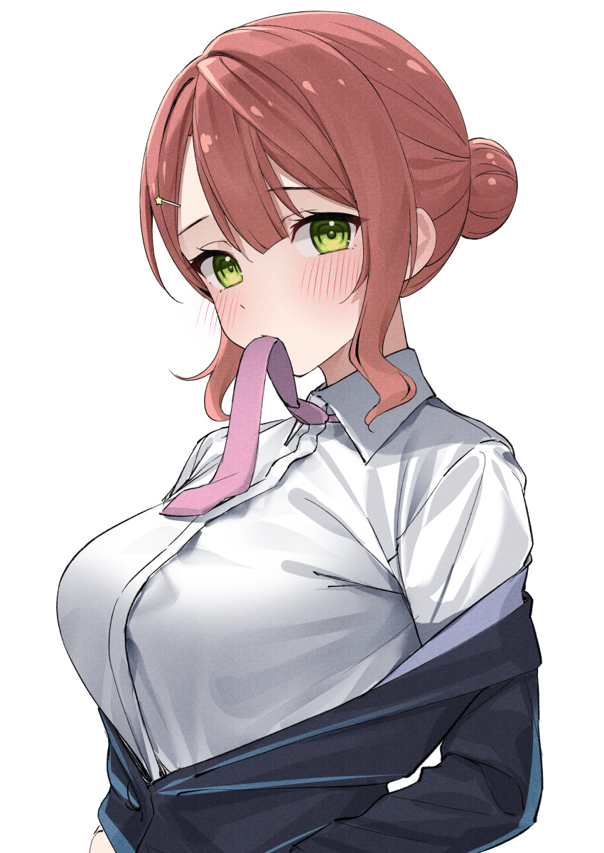 1girl absurdres black_jacket blush breasts green_eyes hair_bun highres jacket jacket_partially_removed kawai_ritsu_(rits_meg) large_breasts looking_at_viewer love_live! love_live!_nijigasaki_high_school_idol_club mouth_hold necktie orange_hair pink_necktie shirt simple_background single_hair_bun solo uehara_ayumu upper_body white_background white_shirt