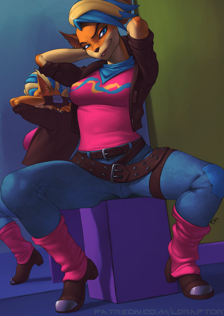 2021 absurd_res activision anthro bandicoot belt blue_bottomwear blue_clothing blue_pants bottomwear breasts clothing crash_bandicoot_(series) ear_piercing female fingerless_gloves footwear gloves hair hands_behind_head handwear hi_res ldr mammal marsupial mirror multicolored_hair neckerchief pants patreon patreon_username piercing pirate_tawna plantigrade reflection shoes solo tawna_bandicoot text two_tone_hair url