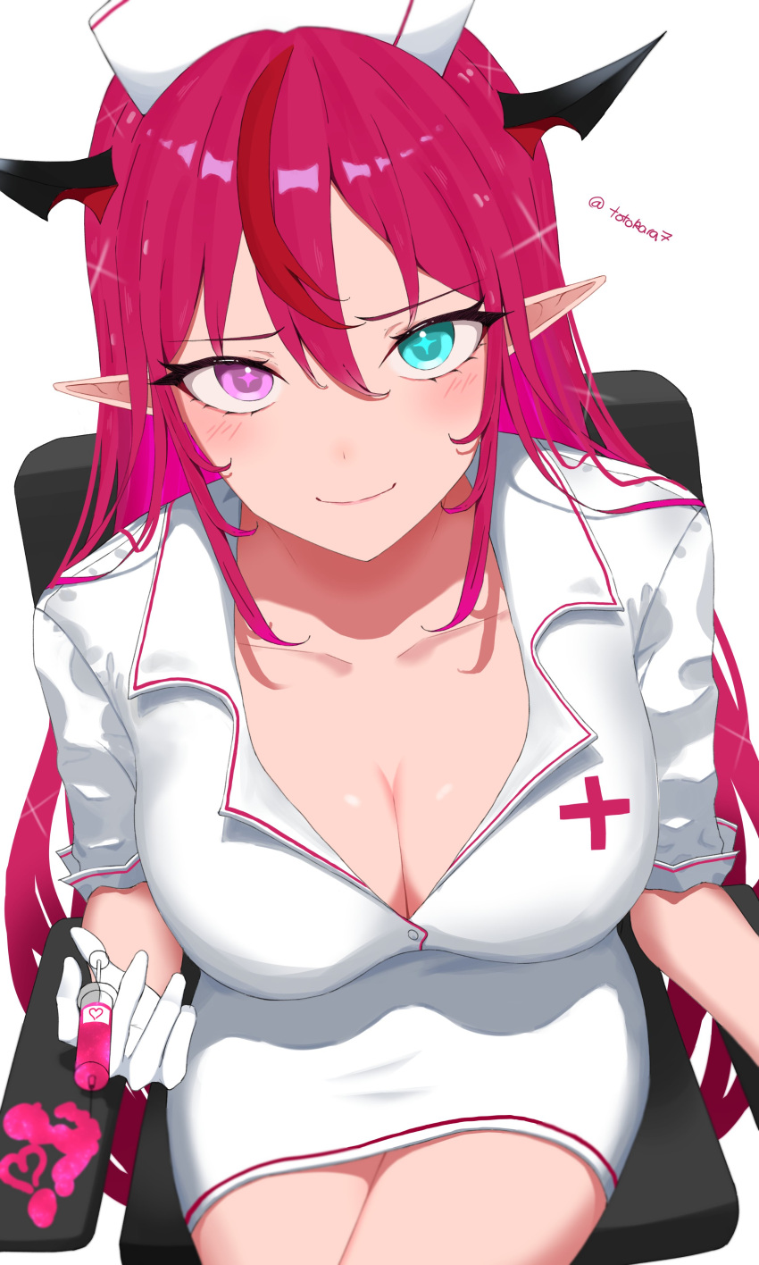 1girl absurdres alternate_costume blue_eyes blush breasts cleavage gloves hat heterochromia highres holding holding_needle hololive hololive_english horns irys_(hololive) large_breasts long_hair looking_at_viewer multicolored_hair needle nurse nurse_cap on_chair pointy_ears purple_eyes purple_hair red_hair simple_background sitting smile solo streaked_hair totokara7 very_long_hair virtual_youtuber white_background white_gloves