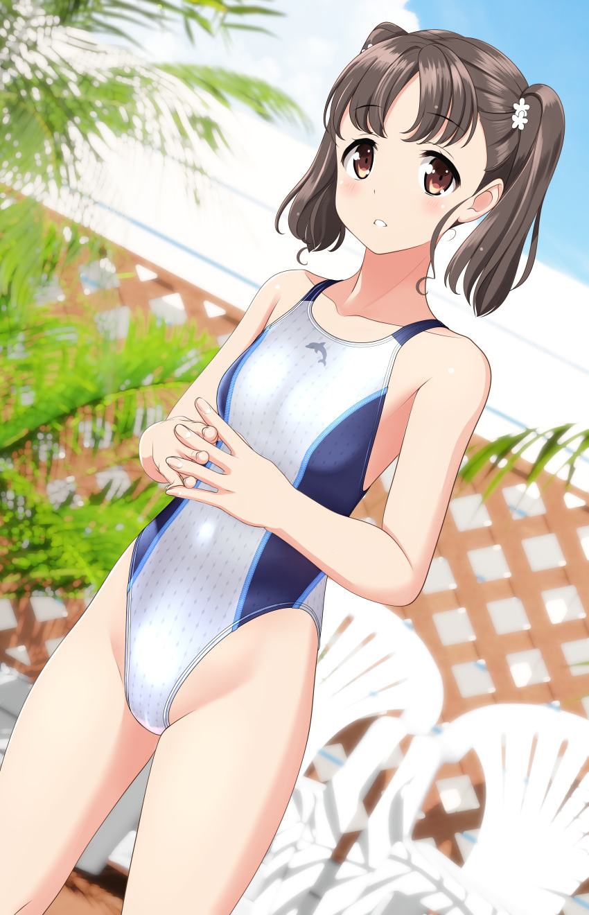 1girl absurdres black_hair breasts brown_eyes chair commentary_request competition_swimsuit covered_navel dutch_angle fence groin high_school_fleet highres looking_at_viewer one-piece_swimsuit own_hands_clasped own_hands_together parted_lips shiretoko_rin short_hair small_breasts solo swimsuit takafumi twintails two-tone_swimsuit white_one-piece_swimsuit
