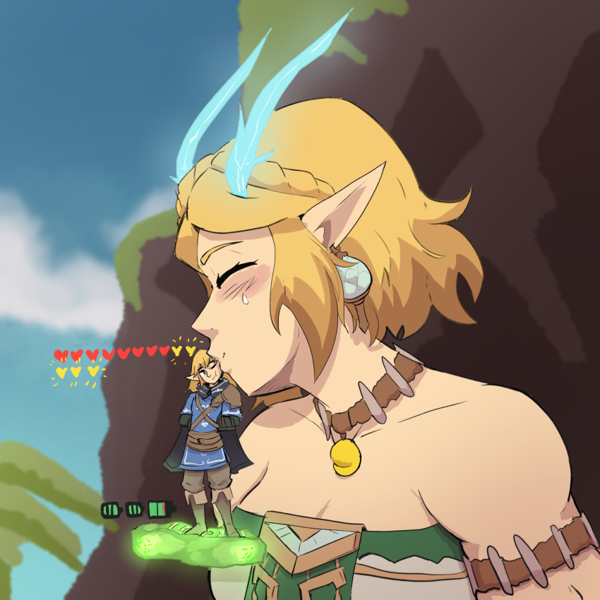 1boy 1girl bare_shoulders blonde_hair closed_eyes dress earrings gameplay_mechanics giant giantess highres horns jewelry kiss kissing_cheek light_dragon_(zelda) link necklace one_eye_closed outdoors pointy_ears princess_zelda short_hair sihagen size_difference sleeveless sleeveless_dress spoilers the_legend_of_zelda the_legend_of_zelda:_tears_of_the_kingdom