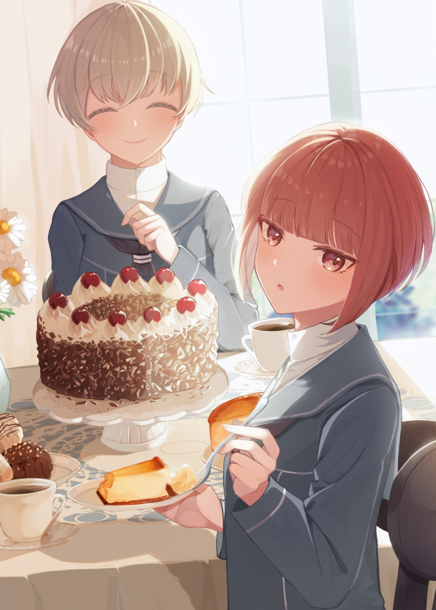 2girls black_dress black_sailor_collar blonde_hair blush cake chair closed_eyes closed_mouth coffee cup dress flower food fork highres holding holding_fork holding_plate kantai_collection long_sleeves multiple_girls parted_lips plant plate potted_plant ranran_3939 red_eyes red_hair sailor_collar sailor_dress short_hair smile white_flower z1_leberecht_maass_(kancolle) z3_max_schultz_(kancolle)