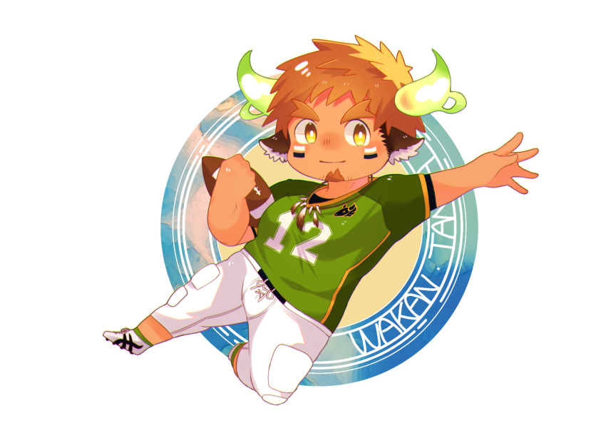 1boy american_football american_football_(object) american_football_uniform animal_ears bad_id bad_twitter_id ball bara chibi cow_boy cow_ears cow_horns dark-skinned_male dark_skin deformed eye_black facial_hair fiery_horns forked_eyebrows full_body glowing_horns goatee green_shirt highres holding holding_ball horns kauri097 large_pectorals male_focus muscular muscular_male outstretched_arm pectorals shirt short_hair short_sleeves shorts sideburns_stubble smile solo spiked_hair sportswear thick_eyebrows tight_clothes tight_shirt tokyo_afterschool_summoners topless_male wakan_tanka white_shorts