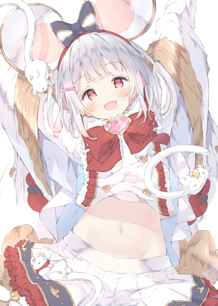 1girl absurdres animal_ears arms_up blush brooch fake_animal_ears granblue_fantasy hair_ornament hairclip heart_brooch highres jewelry long_sleeves looking_at_viewer mouse mouse_ears navel open_mouth pleated_skirt red_eyes shirt short_hair simple_background skirt smile solo ukiwakisen vikala_(granblue_fantasy) white_background white_hair white_skirt