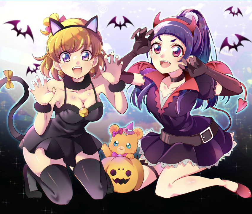 2girls absurdres alternate_costume animal_ears asahina_mirai bat_(animal) belt belt_buckle black_belt black_choker black_dress black_gloves black_hairband black_scrunchie black_thighhighs blonde_hair blunt_bangs bow breasts buckle cat_ears cat_tail choker cleavage collarbone demon_tail demon_wings dress elbow_gloves fake_animal_ears fake_horns gloves hairband halloween halloween_costume high_ponytail highres horns izayoi_liko kneeling long_hair mahou_girls_precure! medium_breasts mitsuki_tayura mofurun_(mahou_girls_precure!) multiple_girls precure purple_hair red_footwear red_hairband red_wings scrunchie short_dress sitting sleeveless sleeveless_dress sparkle tail tail_bow tail_ornament thigh_strap thighhighs very_long_hair wariza wings wrist_scrunchie yellow_bow zettai_ryouiki