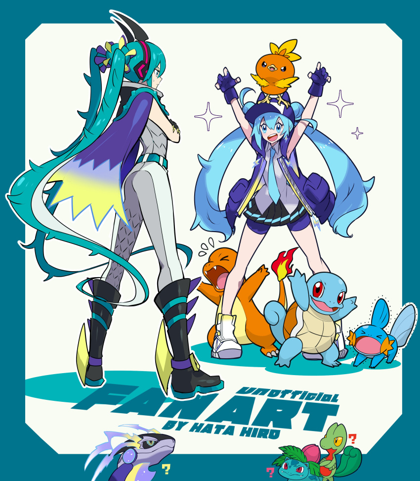 2girls ? absurdres aqua_eyes aqua_hair arms_up bike_shorts black_footwear blue_eyes blue_hair boots charmander crossed_arms dragon dragon_miku_(project_voltage) electricity fake_horns hatsune_miku headphones highres horns ivysaur jacket knee_boots long_hair manbou_no_ane mirai_donna_darou_(vocaloid) miraidon mudkip multiple_girls open_clothes open_jacket pants pokemon pokemon_(creature) project_voltage side_cape skirt sparkle squirtle torchic treecko twintails very_long_hair vocaloid white_footwear white_pants