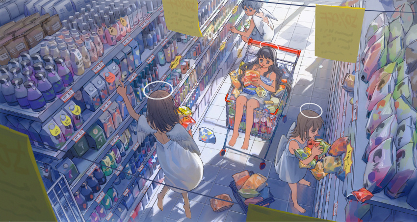 4girls angel angel_wings arm_up bag bare_arms bare_shoulders barefoot black_hair brown_hair can candy canned_food day dress eating flying food from_above grey_hair groceries halo highres holding holding_can holding_candy holding_food holding_lollipop holding_snack in_shopping_cart indoors kimonogo lollipop long_hair looking_at_another looking_to_the_side medium_hair milk_carton multiple_girls open_mouth original paper_bag pointing profile shelf shopping_basket shopping_cart short_hair sitting sleeveless sleeveless_dress smile soles squatting standing sundress sunlight supermarket tile_floor tiles white_dress wings