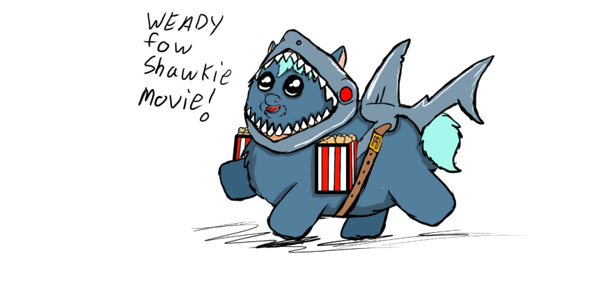 ambiguous_gender baby_talk belt blue_body blue_fur blue_hair carniviousduck clothing costume dialogue english_text feral fluffy_pony fluffy_pony_(species) food fur hair mammal popcorn shark_costume simple_background solo text white_background