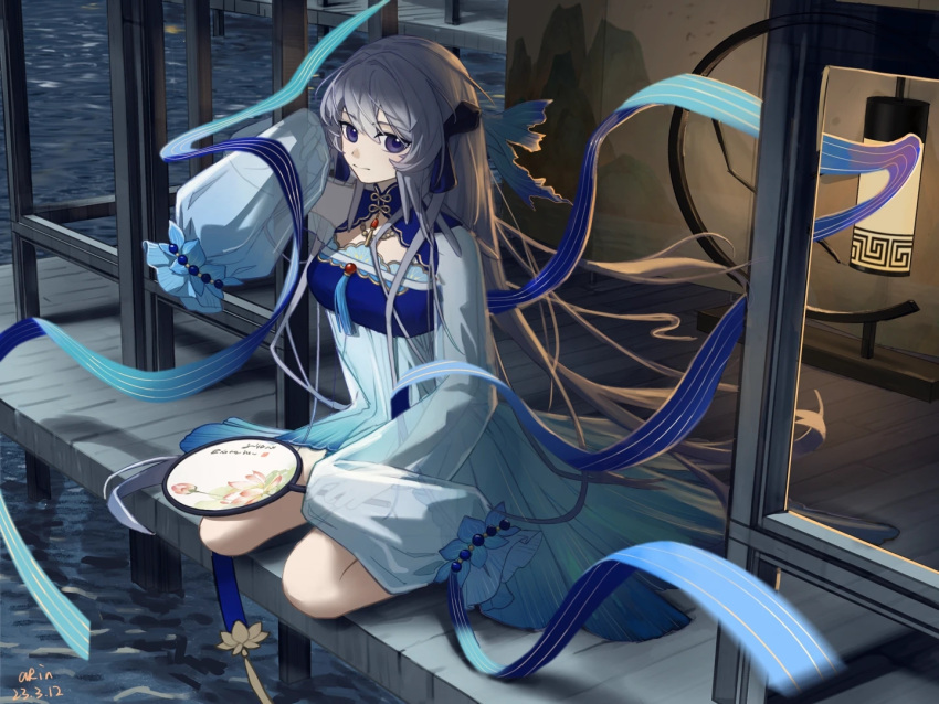 1girl arin_(aaua8438) arknights arm_up blue_dress blue_eyes closed_mouth commentary_request dated dress full_body grey_hair hand_fan long_hair long_sleeves looking_at_viewer mulberry_(arknights) mulberry_(reflection_that_of_the_moons)_(arknights) official_alternate_costume outdoors paper_fan porch see-through see-through_sleeves seiza signature sitting sleeves_past_fingers sleeves_past_wrists solo tassel uchiwa very_long_hair very_long_sleeves water