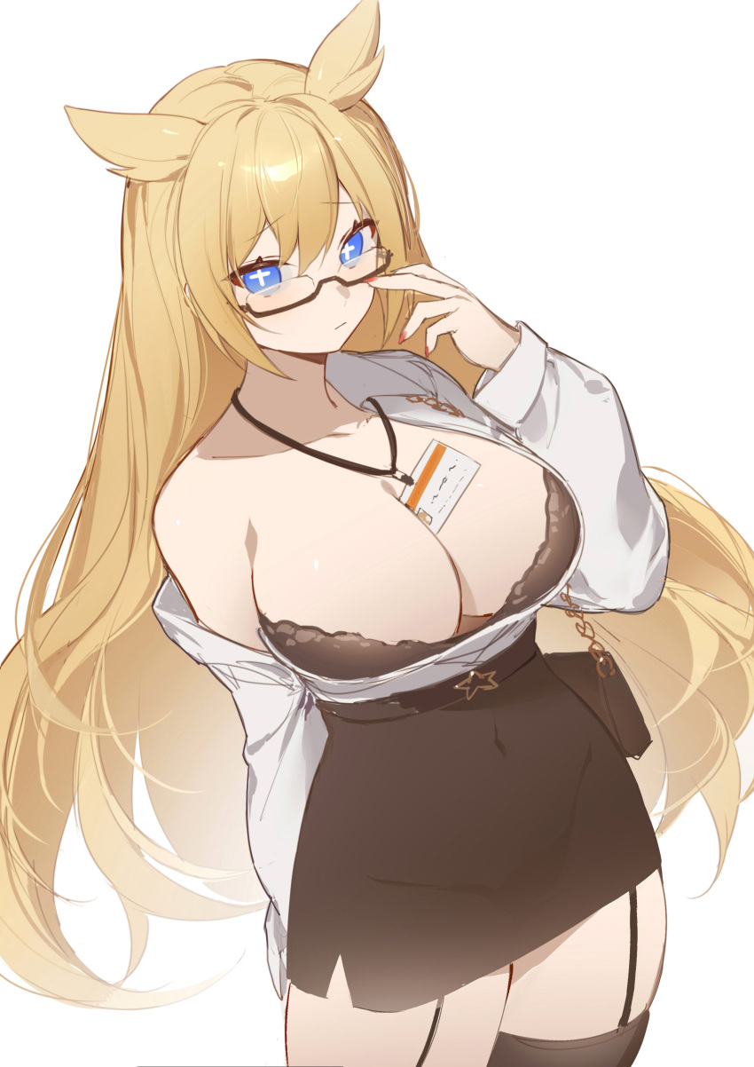 1girl absurdres ash_arms between_breasts black_bra black_skirt black_thighhighs blonde_hair blue_eyes bra breasts cleavage closed_mouth garter_straps glasses highres id_card large_breasts long_hair looking_at_viewer m26_pershing_(ash_arms) nail_polish off_shoulder office_lady open_clothes open_shirt red_nails semi-rimless_eyewear shibuya_(kurokamishain) shirt simple_background skirt solo thighhighs underwear very_long_hair white_background white_shirt