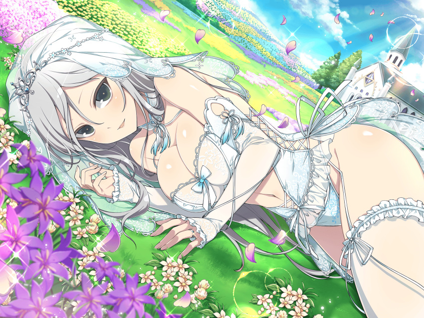 1girl blush bow breasts bridal_lingerie bridal_veil choker church cleavage cloud collarbone day falling_petals field flower flower_field grass green_eyes grey_hair hair_between_eyes highres large_breasts leotard lingerie long_hair looking_at_viewer official_alternate_costume official_art parted_lips petals purple_flower senkou_(senran_kagura) senran_kagura senran_kagura_new_link sky smile solo tree underwear veil white_choker white_flower yaegashi_nan