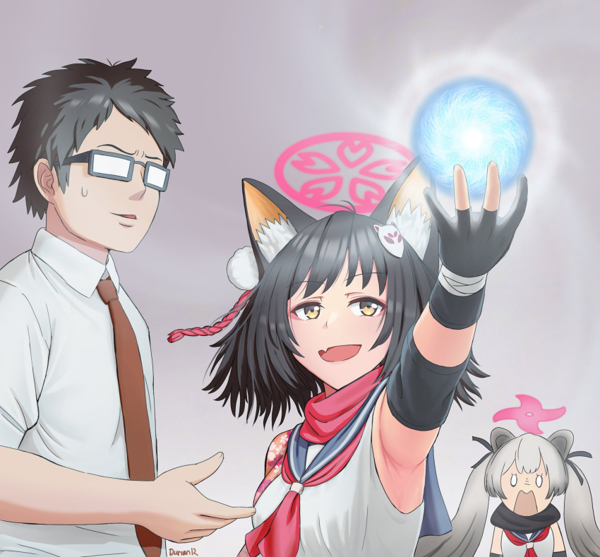 1boy 2girls :d :o animal_ear_fluff animal_ears arm_up armpits black_gloves black_hair black_necktie black_scarf blue_archive business_casual commentary durian12 eyeshadow fang fingerless_gloves fox_ears fox_girl fox_hair_ornament glasses gloves gradient_hair grey_background grey_hair hadanugi_dousa hair_between_eyes hair_ornament hair_ribbon halo highres izuna_(blue_archive) japanese_clothes long_hair long_sleeves looking_at_another makeup medium_hair michiru_(blue_archive) multicolored_hair multiple_girls naruto naruto_(series) necktie ninja one_side_up orb pom_pom_(clothes) pom_pom_hair_ornament raccoon_ears raccoon_girl rasengan red_eyeshadow red_scarf ribbon rope scarf school_uniform sensei_(blue_archive) serafuku shimenawa shirt sidelocks skin_fang sleeveless smile surprised sweatdrop twintails two-tone_hair white_shirt wide_sleeves wind yellow_eyes