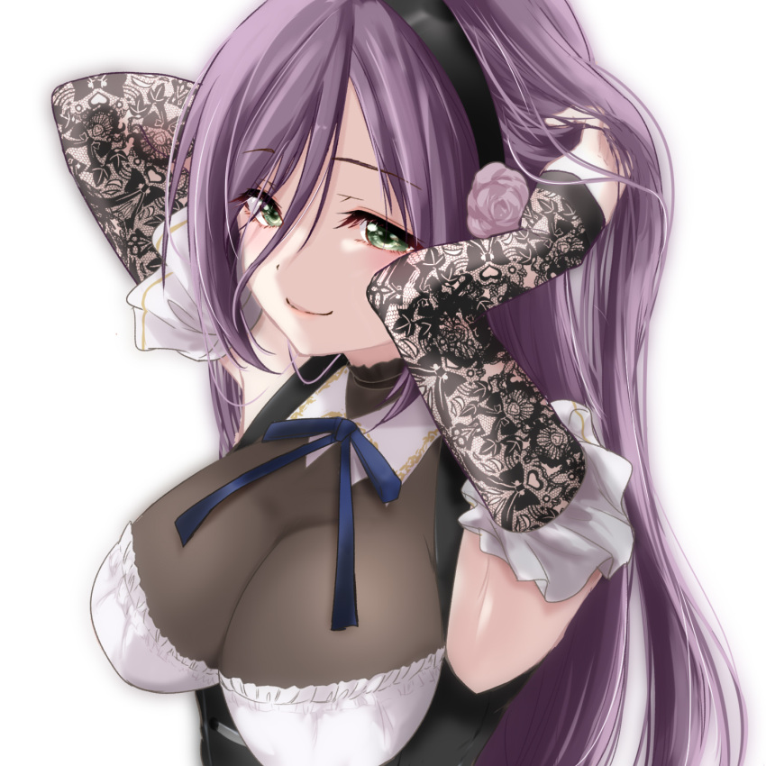 1girl arms_up assault_lily black_hairband black_shirt blue_ribbon bodystocking breasts cleavage closed_mouth commentary_request detached_sleeves flower frilled_shirt frilled_sleeves frills green_eyes grey_rose hair_between_eyes hair_flower hair_ornament hairband hand_in_own_hair highres lace_sleeves large_breasts long_bangs long_hair long_sleeves looking_ahead maki_wakana neck_ribbon purple_hair ribbon shirt simple_background sleeveless sleeveless_shirt sleeves_past_wrists smile solo two-tone_shirt upper_body urutsu_sahari white_background white_shirt