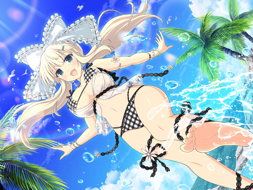 1girl aqua_eyes armlet bangle bikini bird blonde_hair blue_sky blush bracelet breasts checkered_bikini checkered_clothes cleavage cloud day flower hair_ornament hairclip highres jewelry large_breasts lens_flare long_hair looking_at_viewer mountainous_horizon navel official_alternate_hairstyle official_art open_mouth palm_leaf palm_tree seagull senran_kagura senran_kagura_estival_versus senran_kagura_new_link senran_kagura_shoujo-tachi_no_shin'ei sky smile solo swimsuit tree water white_flower yaegashi_nan yomi_(senran_kagura)