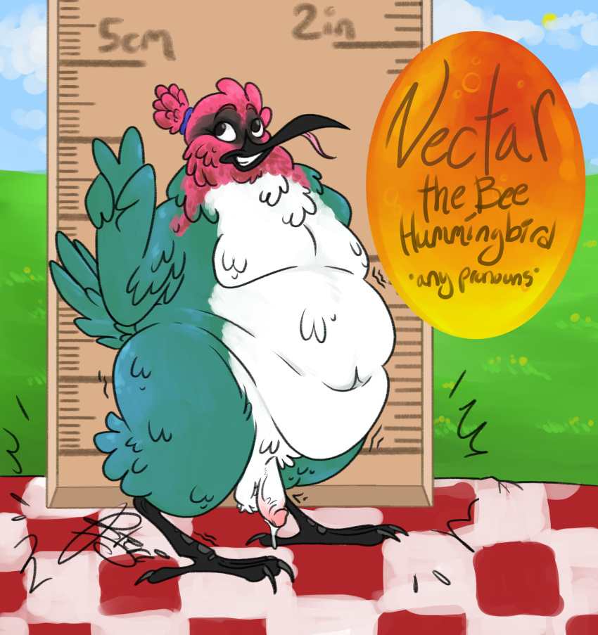 absurd_res ambiguous_gender anthro avian beak bee_hummingbird belly bird feathers genitals green_body green_feathers hi_res hummingbird iridescent male micro nectar_(pteri) overweight penis pteri reference_image simple_background smile solo tail tongue tongue_out trochilinae white_belly