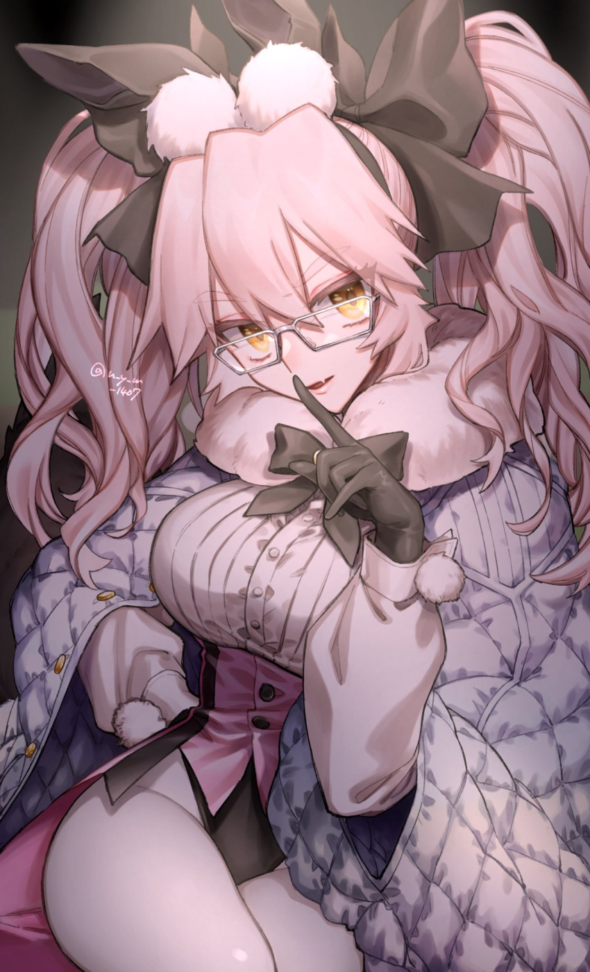 1girl animal_ears black_bow black_bowtie black_gloves bow bowtie breasts buttons cloak commentary_request fake_animal_ears fang fate/grand_order fate_(series) fur-trimmed_cloak fur_trim glasses gloves hair_between_eyes hair_bow hand_on_own_hip highres index_finger_raised koyanskaya_(assassin)_(second_ascension)_(fate) koyanskaya_(fate) koyuki_suzu large_breasts long_hair long_sleeves looking_at_viewer pantyhose pink_hair playboy_bunny rabbit_ears skin_fang solo tamamo_(fate) twintails twitter_username white_cloak white_pantyhose yellow_eyes