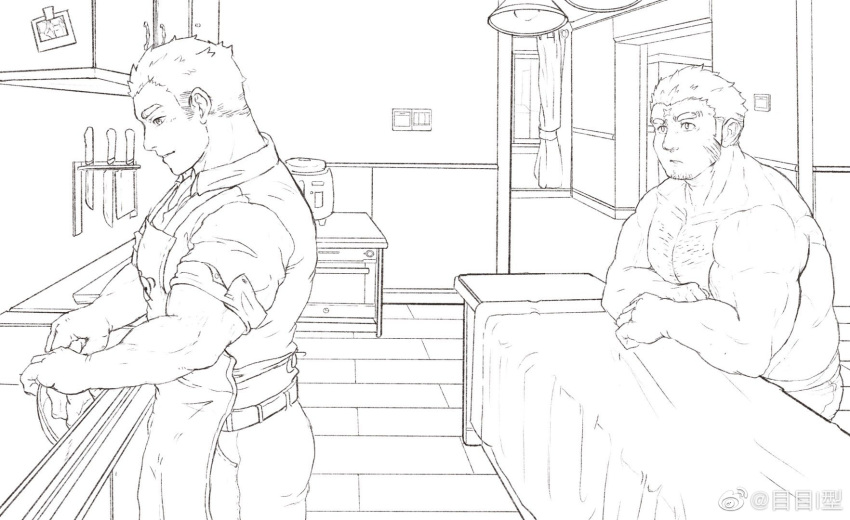 2boys abs apron bara chest_hair collared_shirt cooking couple cross_scar elbow_rest feet_out_of_frame goatee_stubble greyscale highres houzouin_oniwaka kitchen large_pectorals light_blush long_sideburns looking_at_another male_focus me-me_(mouact2) monochrome multiple_boys muscular muscular_male nipples on_table parted_lips pectorals protagonist_3_(housamo) raised_eyebrows scar scar_on_face scar_on_forehead shirt short_hair sideburns sleeves_rolled_up stomach table thick_eyebrows tokyo_afterschool_summoners topless_male washing yaoi