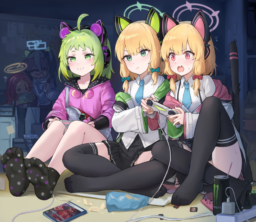 5girls :3 absurdres ahoge animal_ear_headphones animal_ears antenna_(dohna_dohna) aris_(blue_archive) black_skirt black_socks black_thighhighs blonde_hair blue_archive blue_necktie blush_stickers cat_ear_headphones cat_tail chips_(food) collared_shirt commentary controller crossover dohna_dohna_issho_ni_warui_koto_o_shiyou drinking_straw electrical_outlet fake_animal_ears fang feet flying_sweatdrops food game_controller game_development_department_(blue_archive) green_eyes green_hair halo headphones highres holding holding_controller holding_game_controller indian_style knee_up knees_up legs looking_afar midori_(blue_archive) momoi_(blue_archive) monster_energy multiple_girls necktie no_shoes playing_games pleated_skirt potato_chips red_eyes sawkm school_uniform sd_card shirt short_hair sitting skin_fang skirt socks soles sweatdrop tail tail_raised thighhighs toes v-shaped_eyebrows yuzu_(blue_archive)