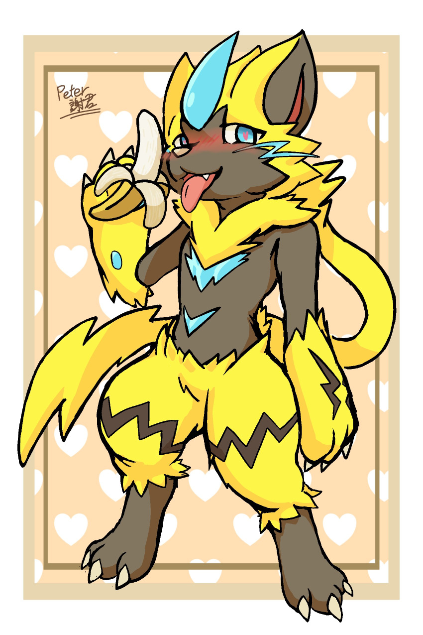 &lt;3 &lt;3_eyes 2:3 absurd_res banana banana_peel black_body black_fur food fruit fur fur_markings generation_7_pokemon hi_res himo_peter0409 hindpaw legendary_pokemon male markings nintendo pawpads paws plant pokemon pokemon_(species) shy solo tongue tongue_out yellow_body yellow_fur zeraora