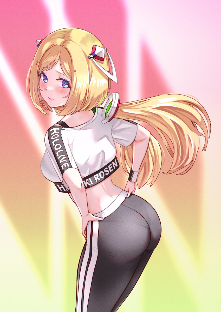 1girl absurdres aki_rosenthal ar-khey ass black_pants blonde_hair blush breasts crop_top crop_top_overhang detached_hair highres hololive hololive_dance_practice_uniform large_breasts long_hair looking_at_viewer official_alternate_costume pants purple_eyes shirt sideboob smile solo twintails virtual_youtuber white_shirt yoga_pants