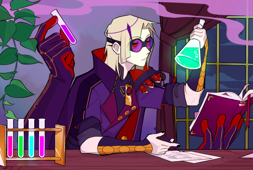 1boy beaker black_nails blonde_hair book chemicals closed_mouth extra_arms gigglepox goggles half-closed_eyes highres holding holding_book holding_pen holostars holostars_english magni_dezmond multicolored_hair pen plant solo two-tone_hair vial window writing